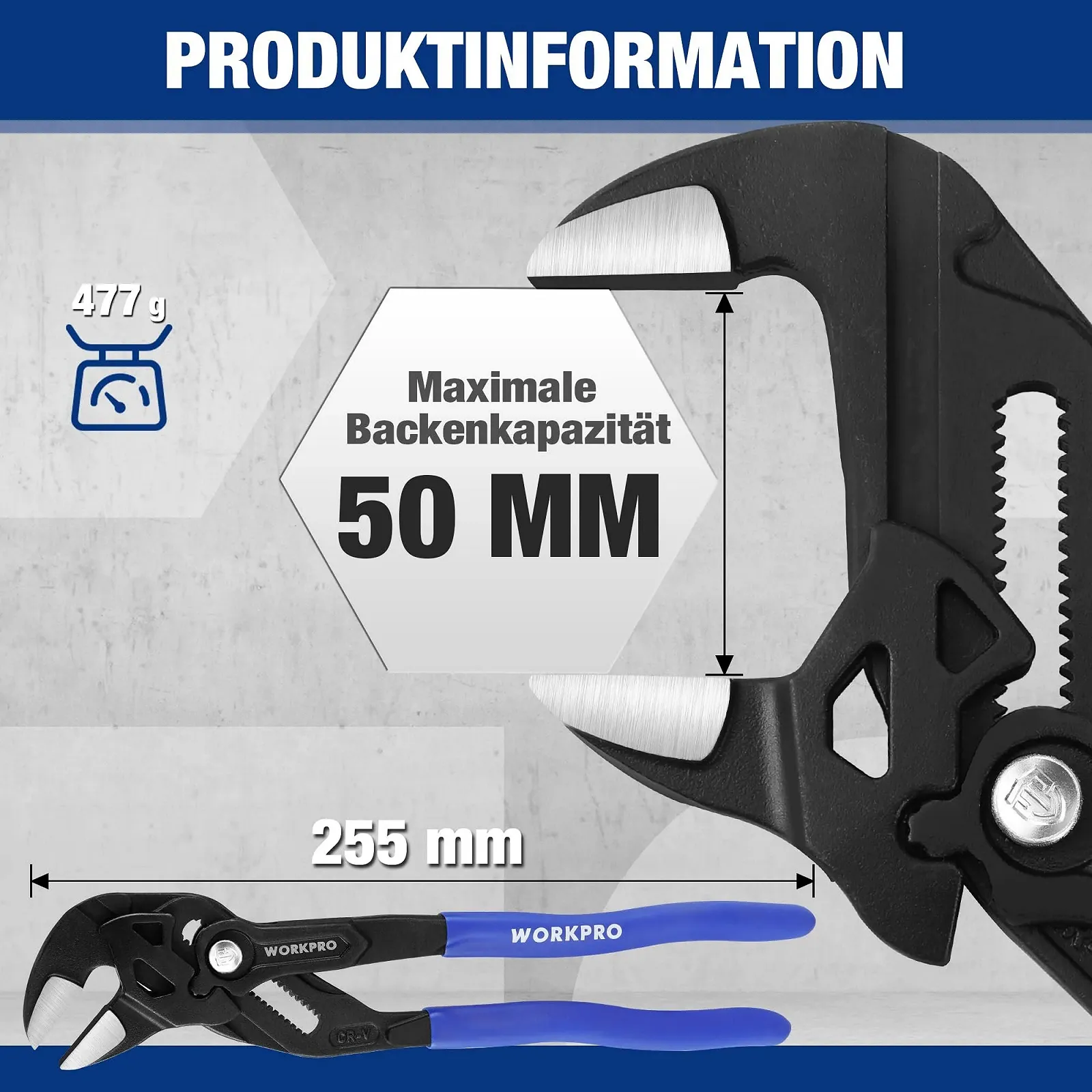 Ключ-плоскогубцы WORKPRO 255 мм, захват до 50 мм, регулируемые плоскогубцы с канавкой без зубцов, высококачественная Cr-V сталь, параллельная конструкция губок с двойными рукоятками, экономящими труд, фото №2