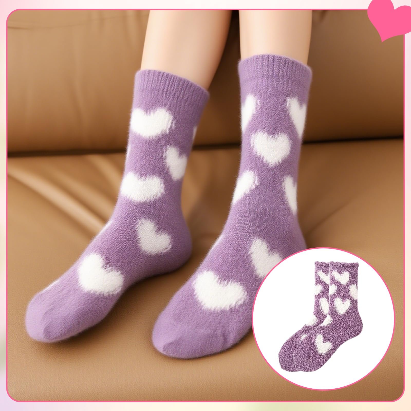 Носки Женские Пушистые 5 пар Теплые эластичные носки для сна Зимние мягкие термоноски Толстые носки для дома Рождественские (Узор сердце), фото №4