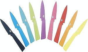 Набор ножей KUHN RIKON Colori+ (прямое и серрейторное лезвие) с защитой лезвия, антипригарное покрытие, нержавеющая сталь, 19.5 см, красный/зеленый synthetic.ua - Фото 1