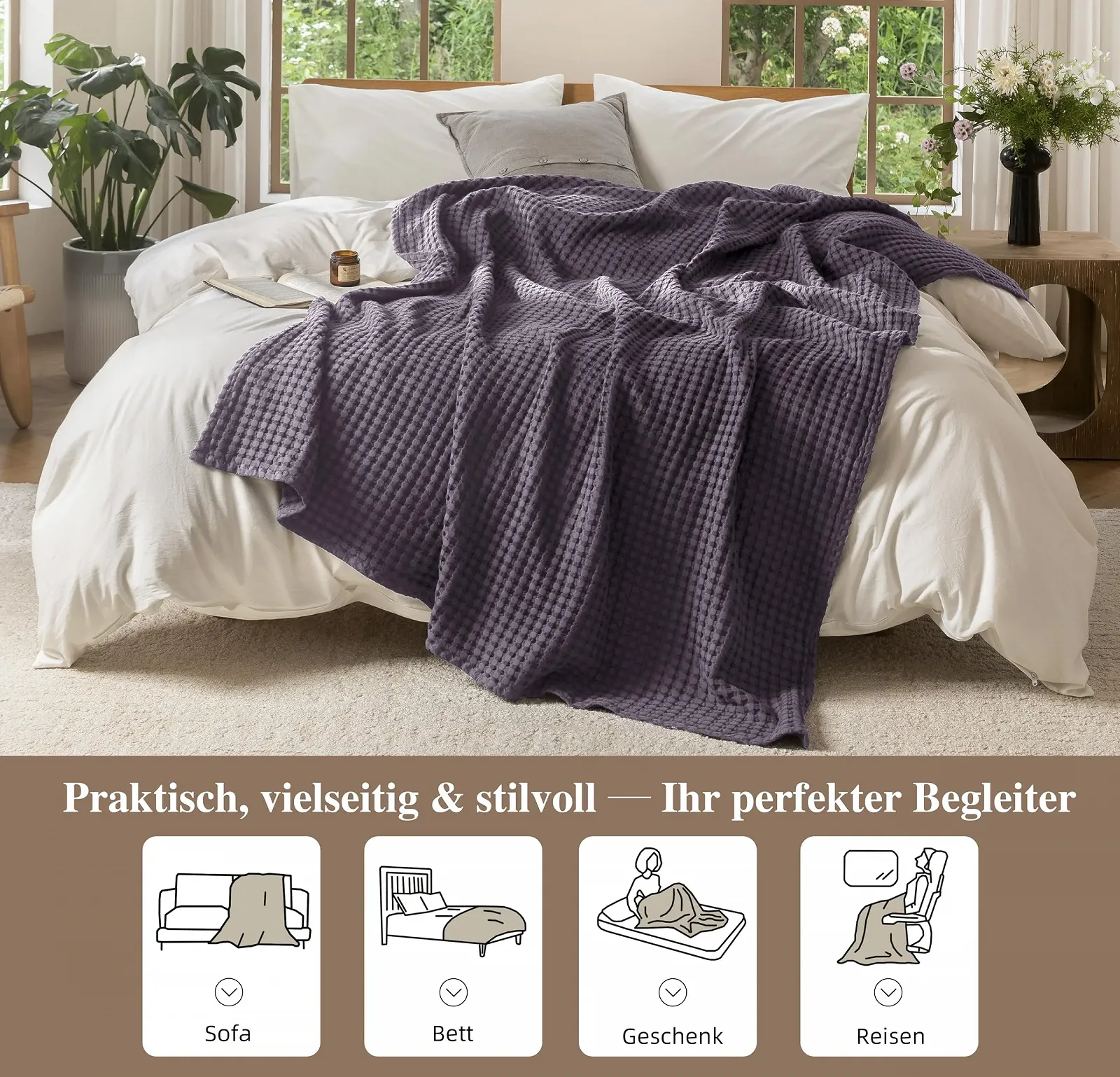 Покривало CHUFFED 100% Бавовна 150 x 200 см Вафельна Піке М'яка Дихаюча Легка Фіолетовий Виноград, фото №5