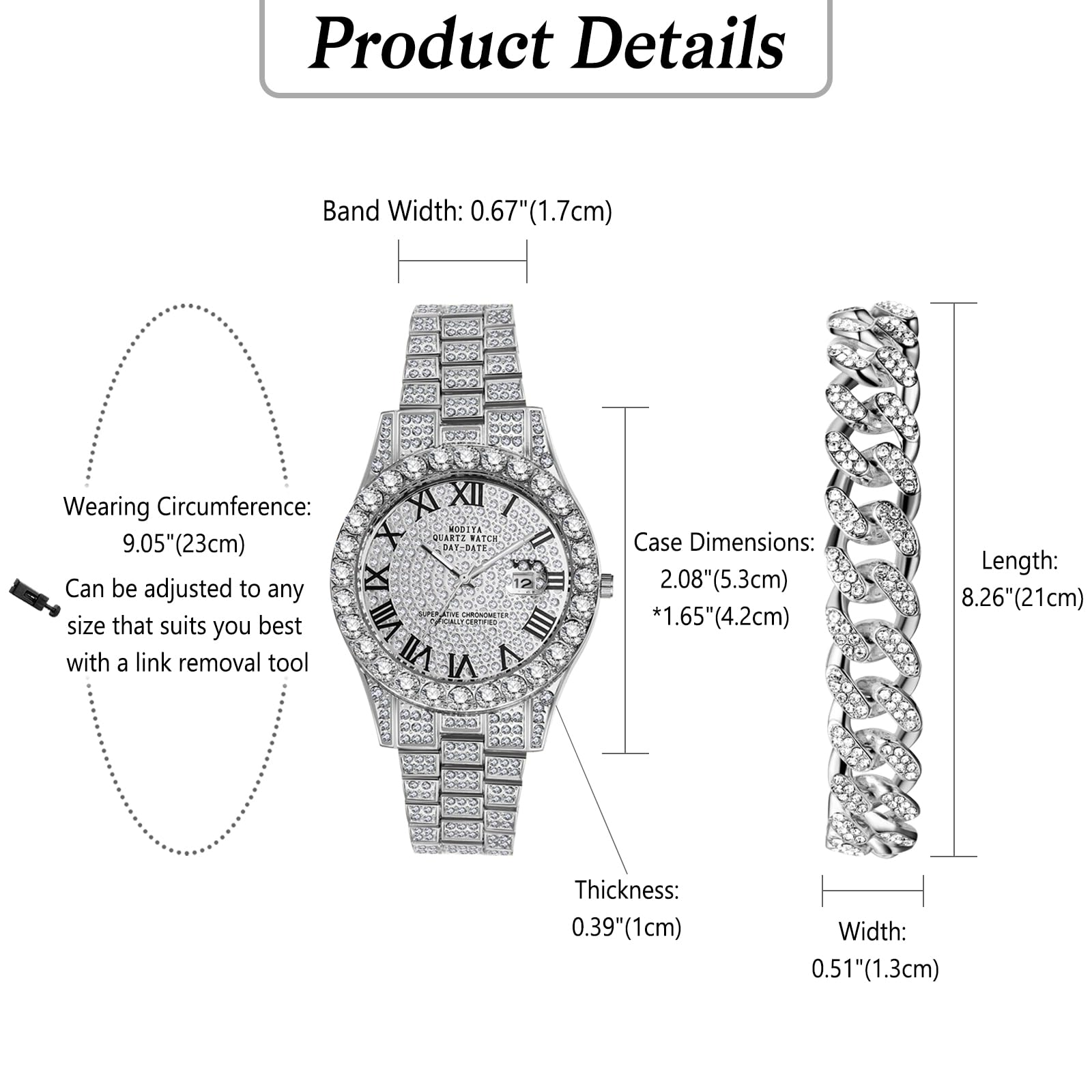Годинники OIDEA Diamond Армбанд: 2 штуки Панцирний ланцюг Наручний браслет зі стразами Чоловічий годинник з ромською цифрами Календар Ювелірний виріб Чоловіки Друг Брат Батько, фото №2