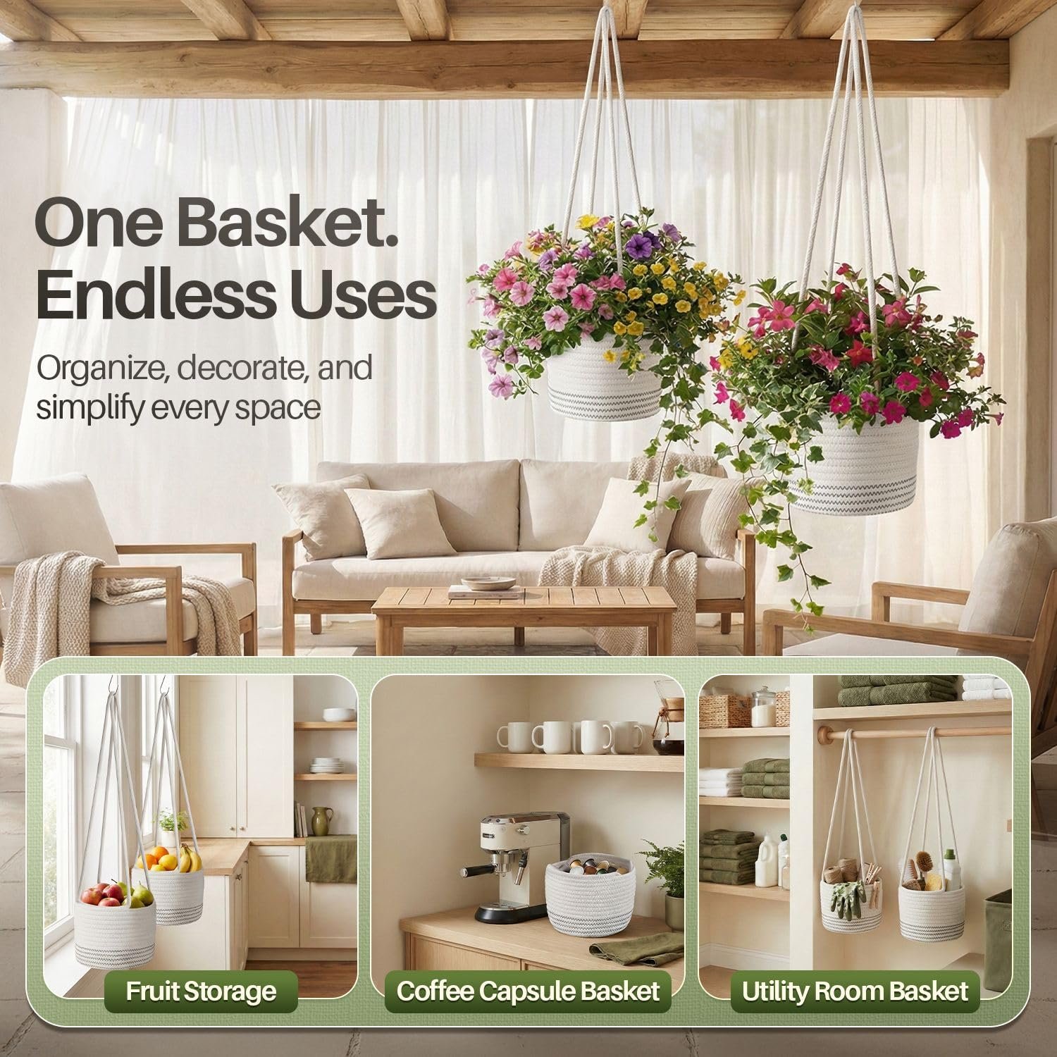 Підвісний кошик макраме Flexzion Бавовняна мотузка 50,8 см до 17,8 см Бежевий, фото №5