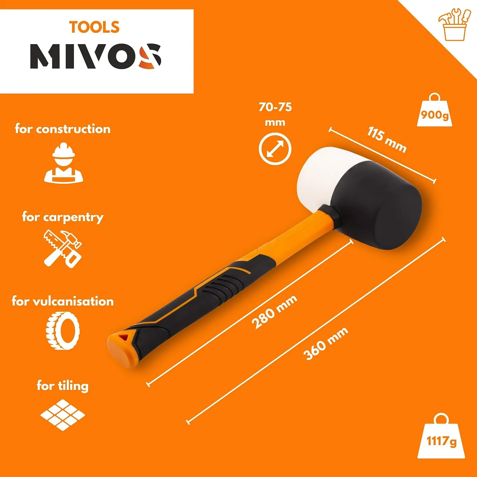 Резиновый молоток 900 г (32 oz) 70 мм бело-черный фибергласовая рукоятка, фото №2