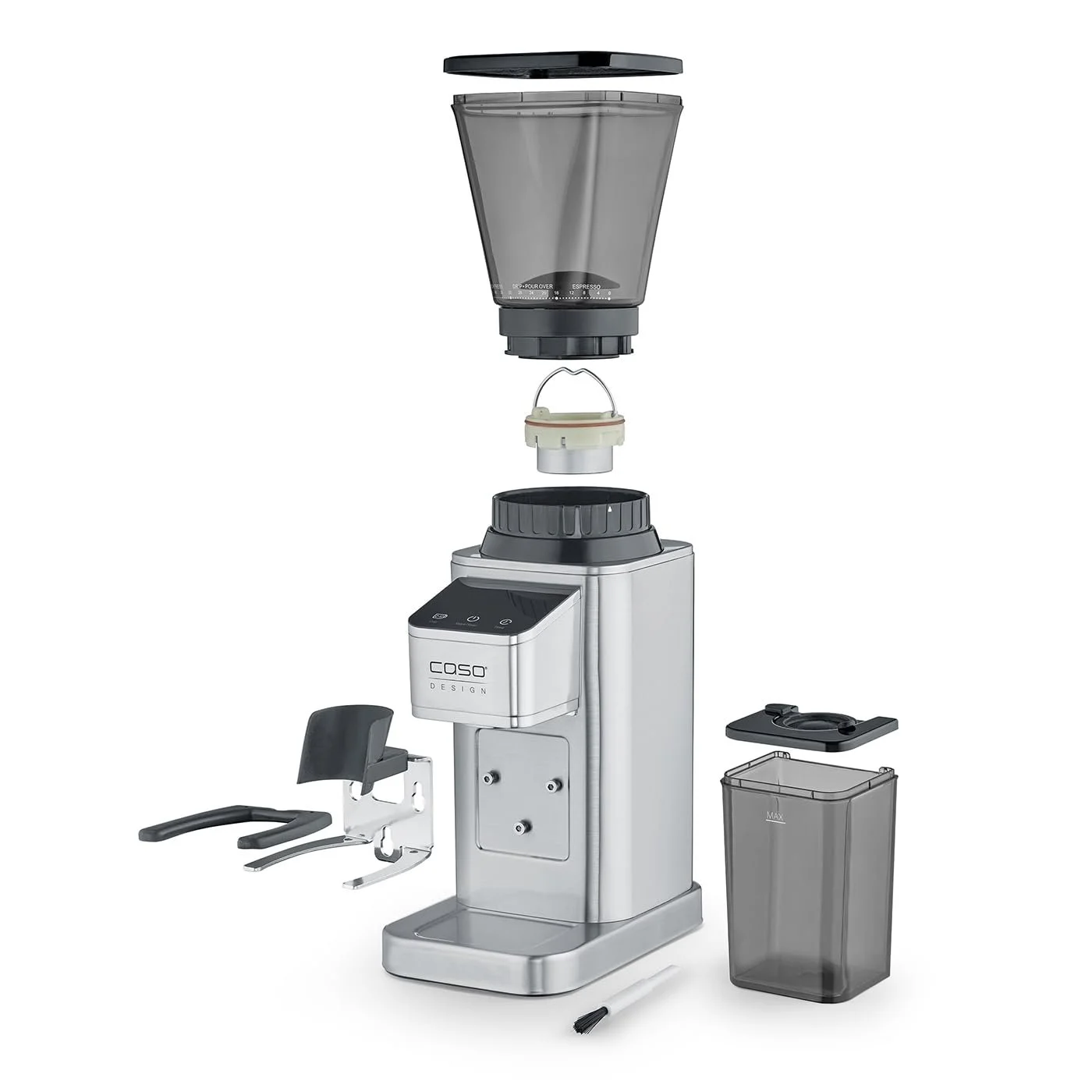 Электрическая кофемолка CASO BaristaChef Inox, коническая из нержавеющей стали, с держателем портафильтра, 48 уровней помола, фото №4 Электрическая кофемолка CASO BaristaChef Inox, коническая из нержавеющей стали, с держателем портафильтра, 48 уровней помола, фото №4