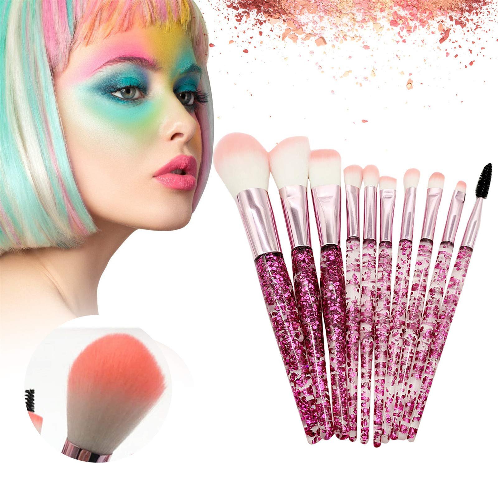 Набор кистей для макияжа Rumity Beauty, 10 шт, кисть для основы, кисть для румян, кисть для теней, кисть для губ, кисть для носа, кисть для подводки глаз, кисть для бровей, розовый, фото №2