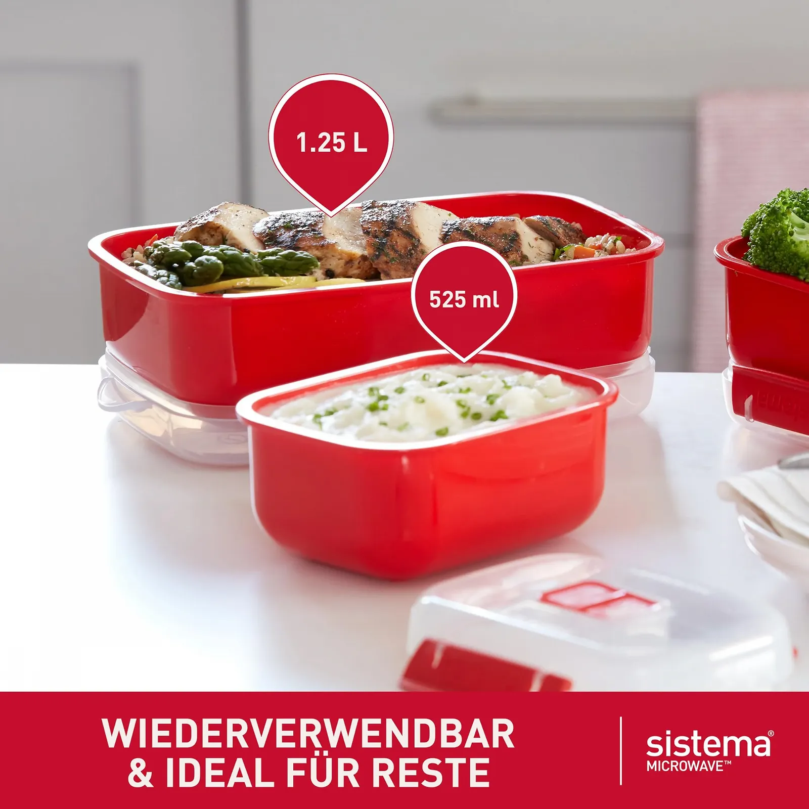 Набір контейнерів для зберігання їжі Sistema Microwave-Heat & Eat 82005 прямокутні 4 шт. з кришками (2 x 1,25 л + 2 x 525 мл) з фіксаторами та вентиляційними клапанами BPA-Free, фото №6