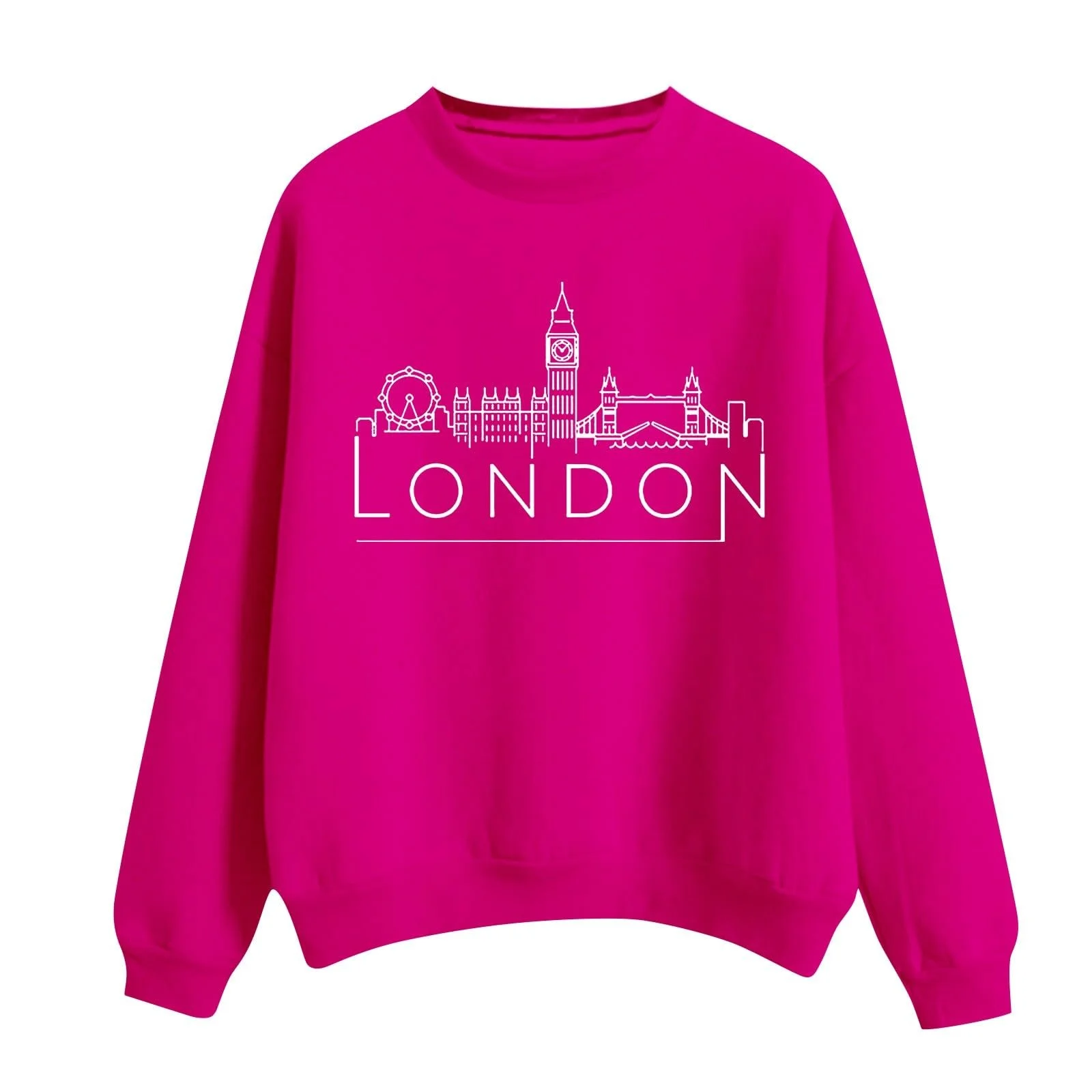 Женский Свитшот Большого Размера Мягкий Однотонный Цвет Круглый Вырез Длинный Рукав с Принтом London Бежевый Пуловер, фото №1
