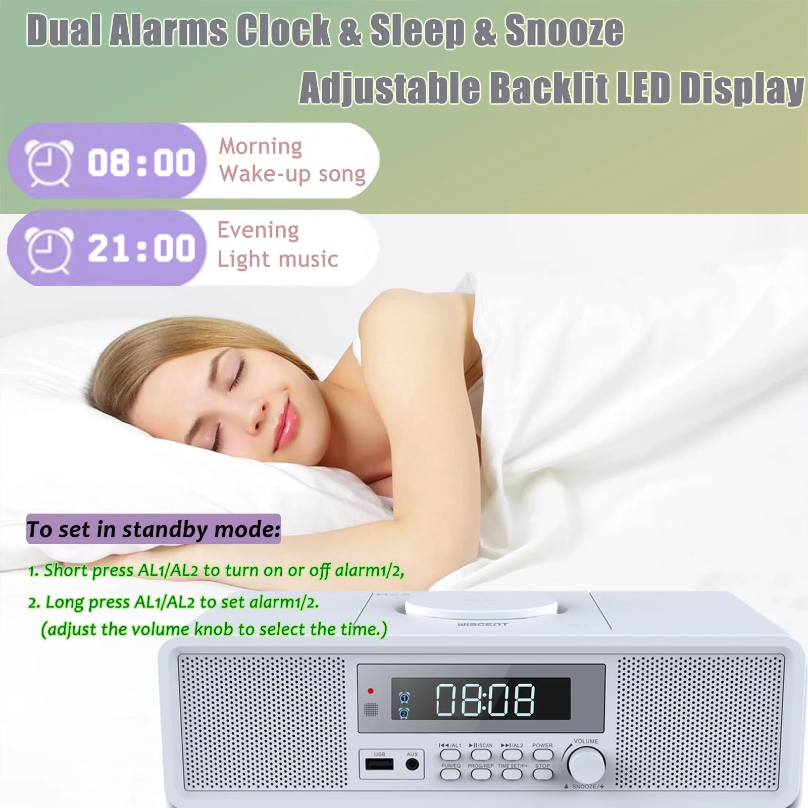 Компактное радио с CD-плеером, FM-радио, с Bluetooth, USB, MP3, AUX, цифровой двойной будильник, воспроизведение CD-R/CD-RW/MP3/WMA, фото №4