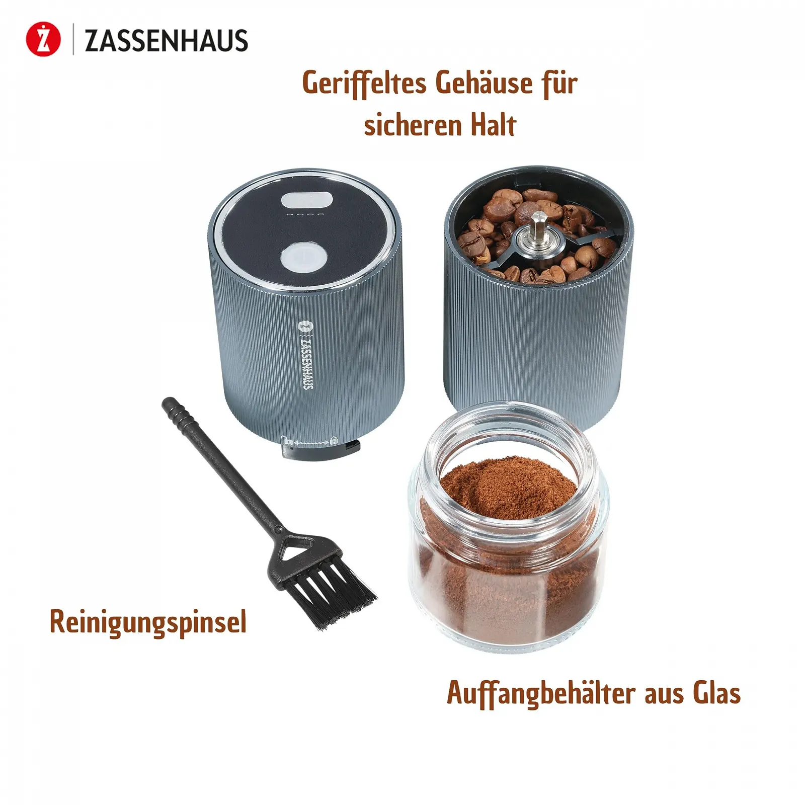 Електрична кавомолка ZASSENHAUS Master USB, нержавіюча сталь, регульований помел, високопродуктивна, еспресо-кавомолка з акумулятором, ребристий корпус, сіра, з контейнером, фото №5