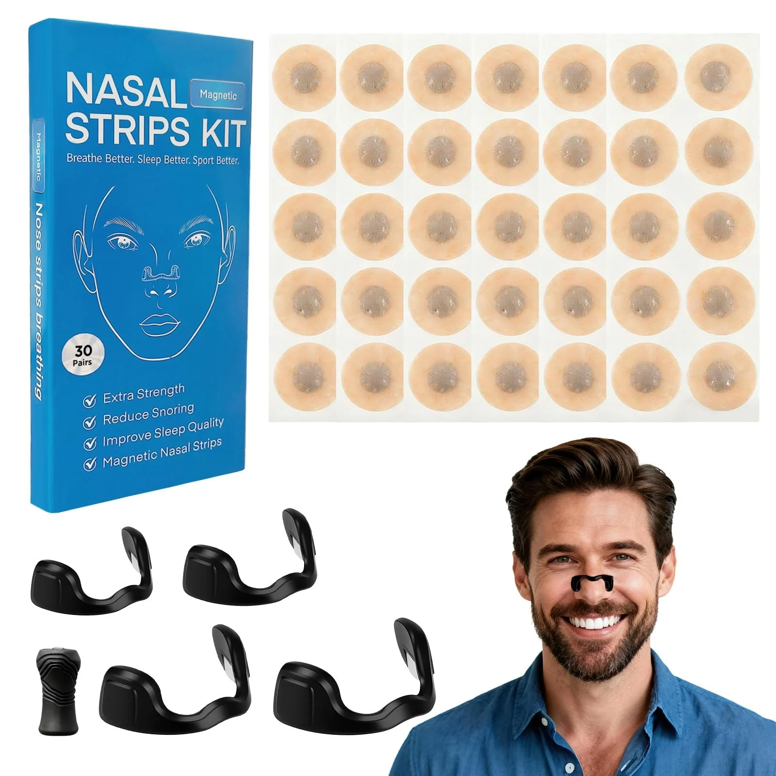 Смужки на ніс магнітні 60 шт (30 пар) проти хропіння для покращення дихання та сну, фото №1