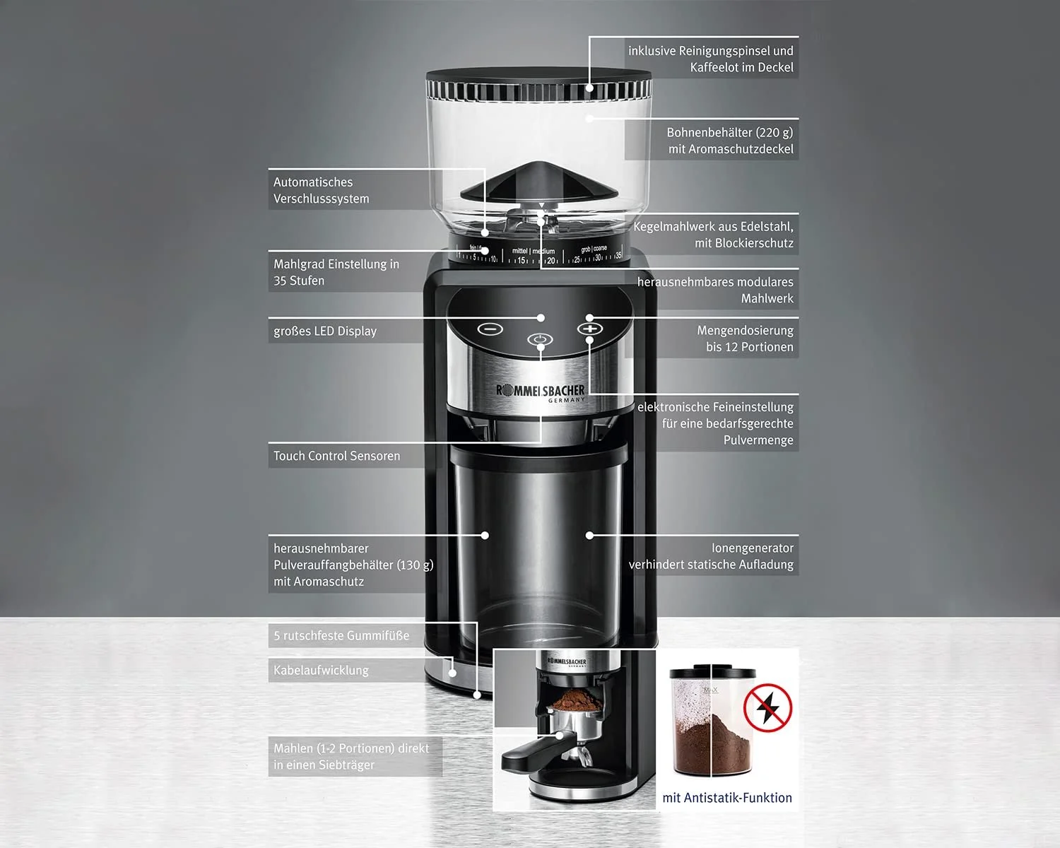 Кофемолка ROMMELSBACHER EKM 400, антистатическая функция, 12 порций, держатель для портафильтра, 35 уровней помола, контейнер для зерен 220 г, контейнер для порошка, 130 Вт, серебристый, фото №5 Кофемолка ROMMELSBACHER EKM 400, антистатическая функция, 12 порций, держатель для портафильтра, 35 уровней помола, контейнер для зерен 220 г, контейнер для порошка, 130 Вт, серебристый, фото №5