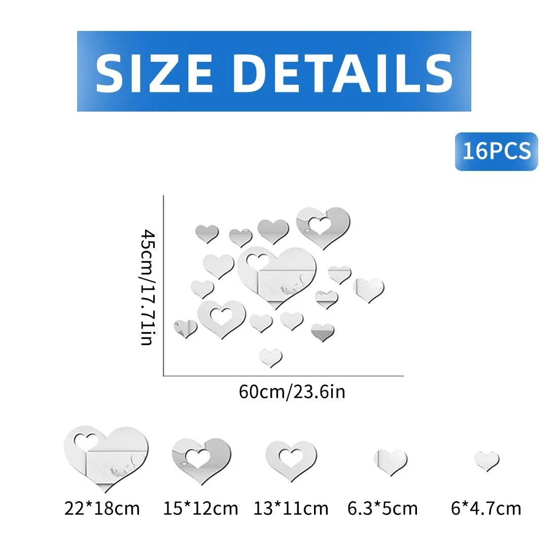 Наклейки на стіну LEEQ Акрилові дзеркальні Серця 16 шт. Сріблястий, фото №2