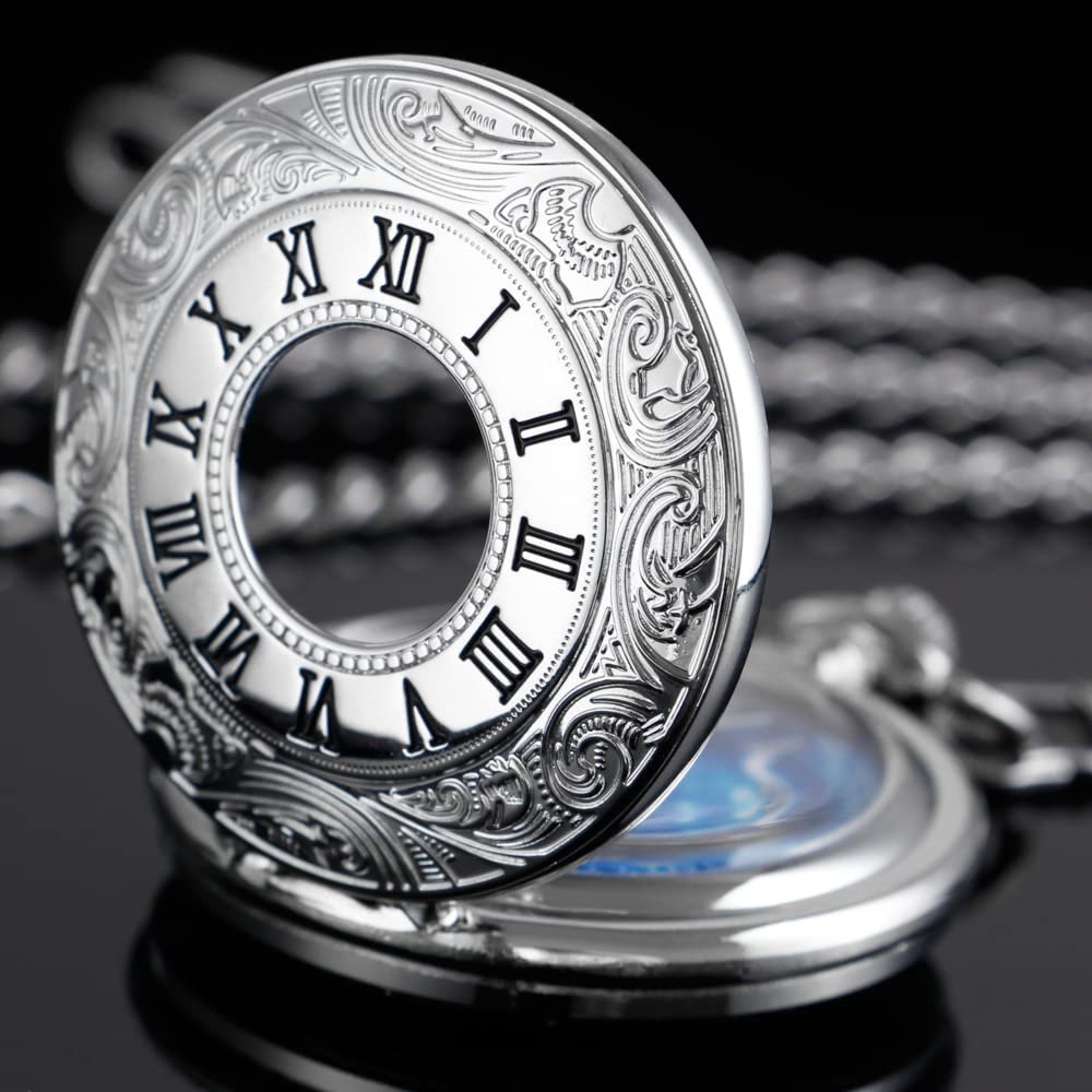 Кишеньковий годинник Tiong Hollow Blue Star Design з римськими цифрами, кварцовий з ланцюжком, фото №4