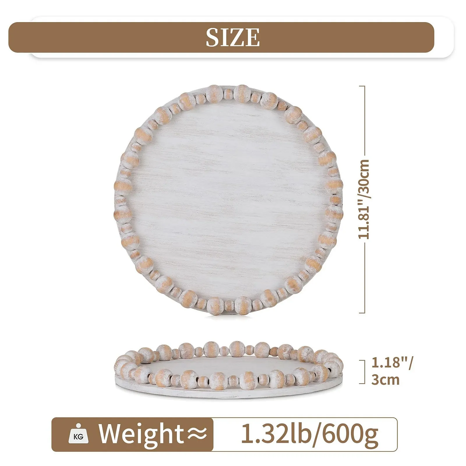 Круглый декоративный поднос Hanobe Деревянный, с искусственным жемчужным краем, фото №5