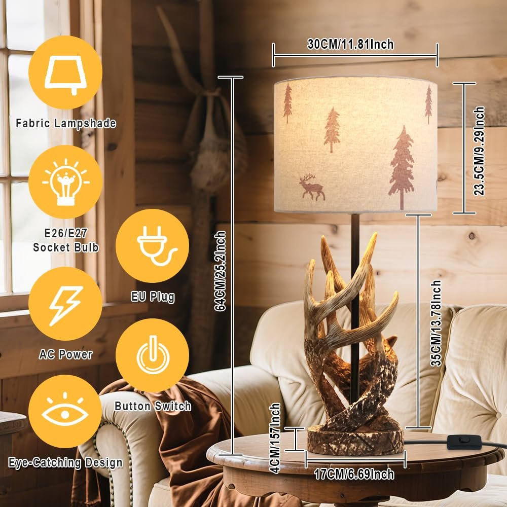 Настільна лампа зі смоли в рустикальному стилі тканинний абажур з мотивом оленя та дерева основа у вигляді рогів коричнева бежева, фото №6