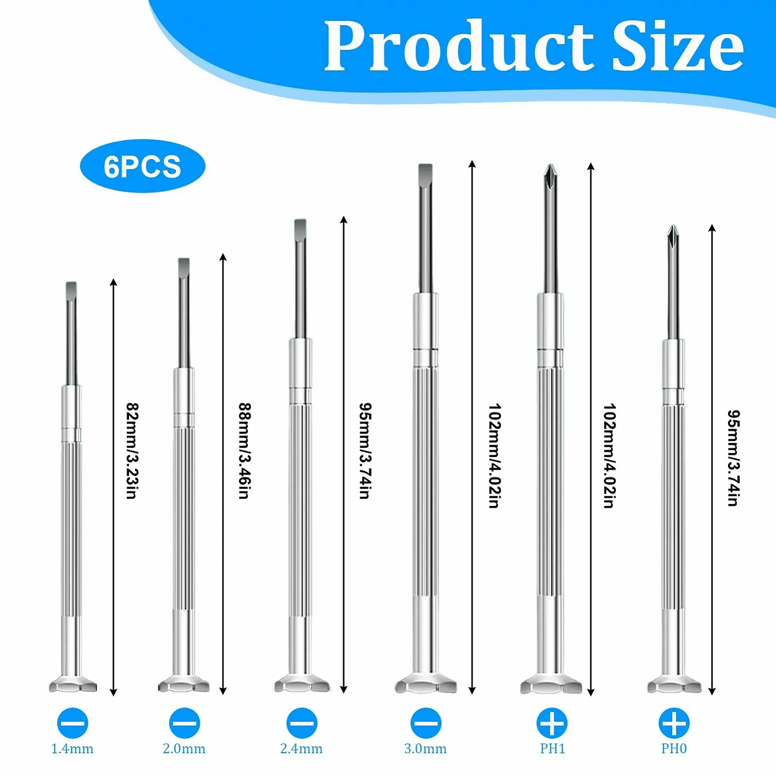 Набір інструментів для годинників 6 предметів Precision Phillips/Slotted 82 мм-102 мм з поворотною головкою, фото №2