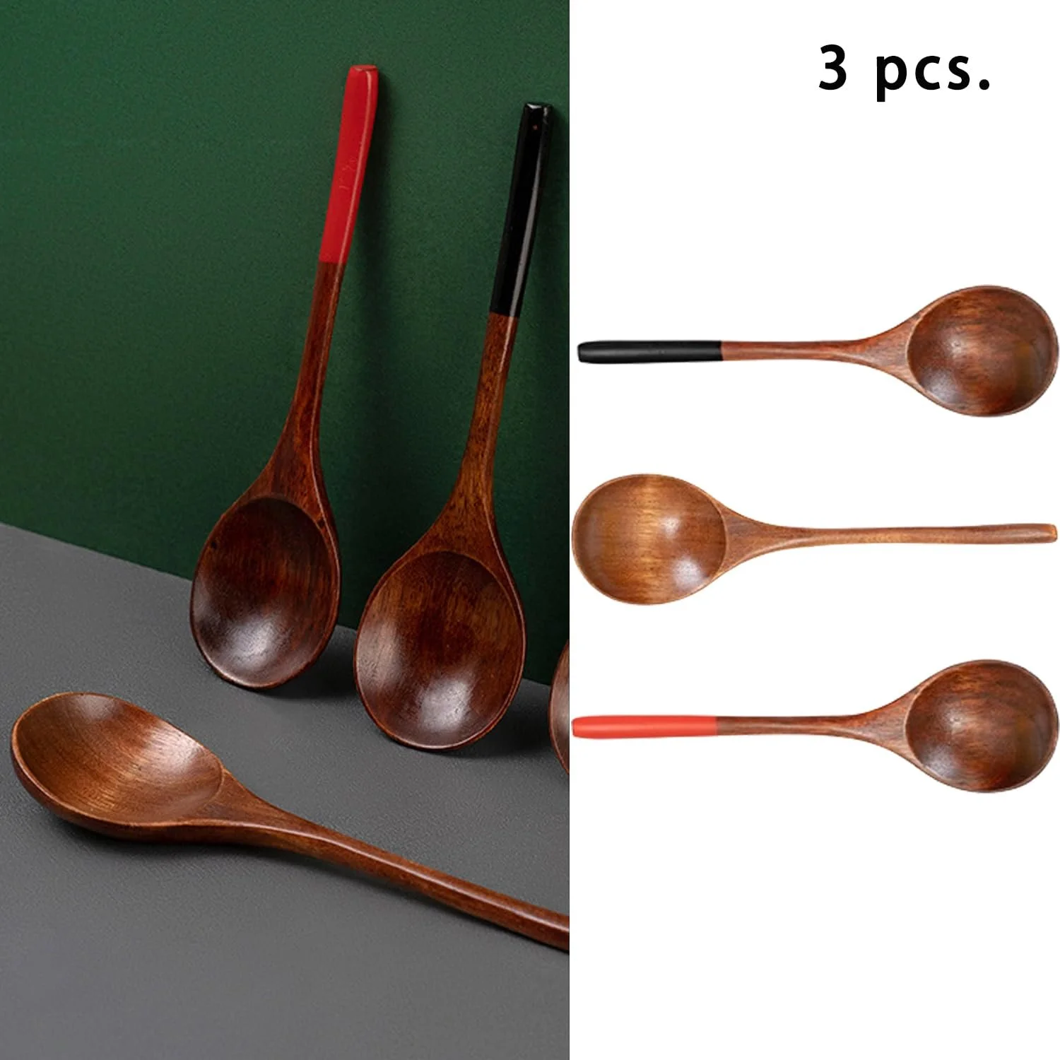Набір з 3 азіатських японських дерев'яних ложок для супу, дерев'яна, фото №3