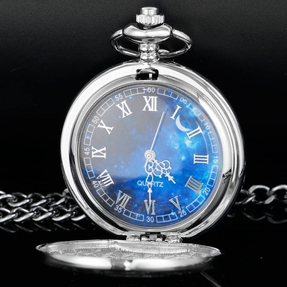 Кишеньковий годинник Tiong Hollow Blue Star Design з римськими цифрами, кварцовий з ланцюжком, фото №7