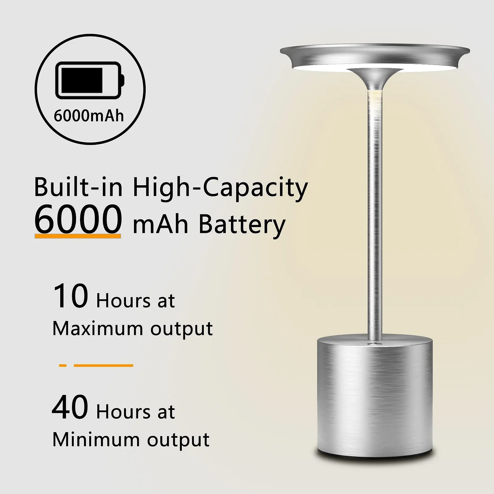 Настільна лампа LED Бездротова 3 колірні температури Діммована IP54 Акумулятор 6000 мАг (Срібляста), фото №6