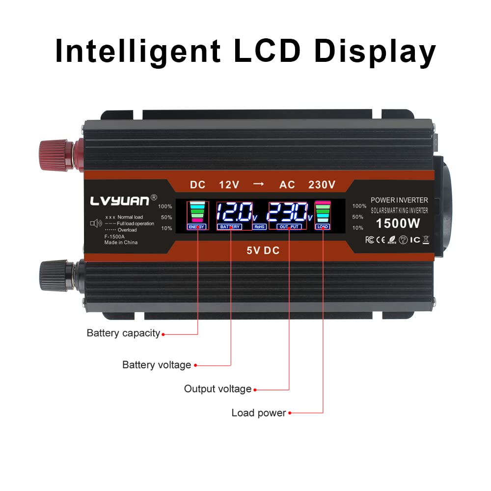 Перетворювач напруги Cantonape Інвертор 12 В 230 В 750 Вт LCD + 2 USB роз'єми з автомобільним прикурювачем та затискачами для автомобільного акумулятора, фото №3