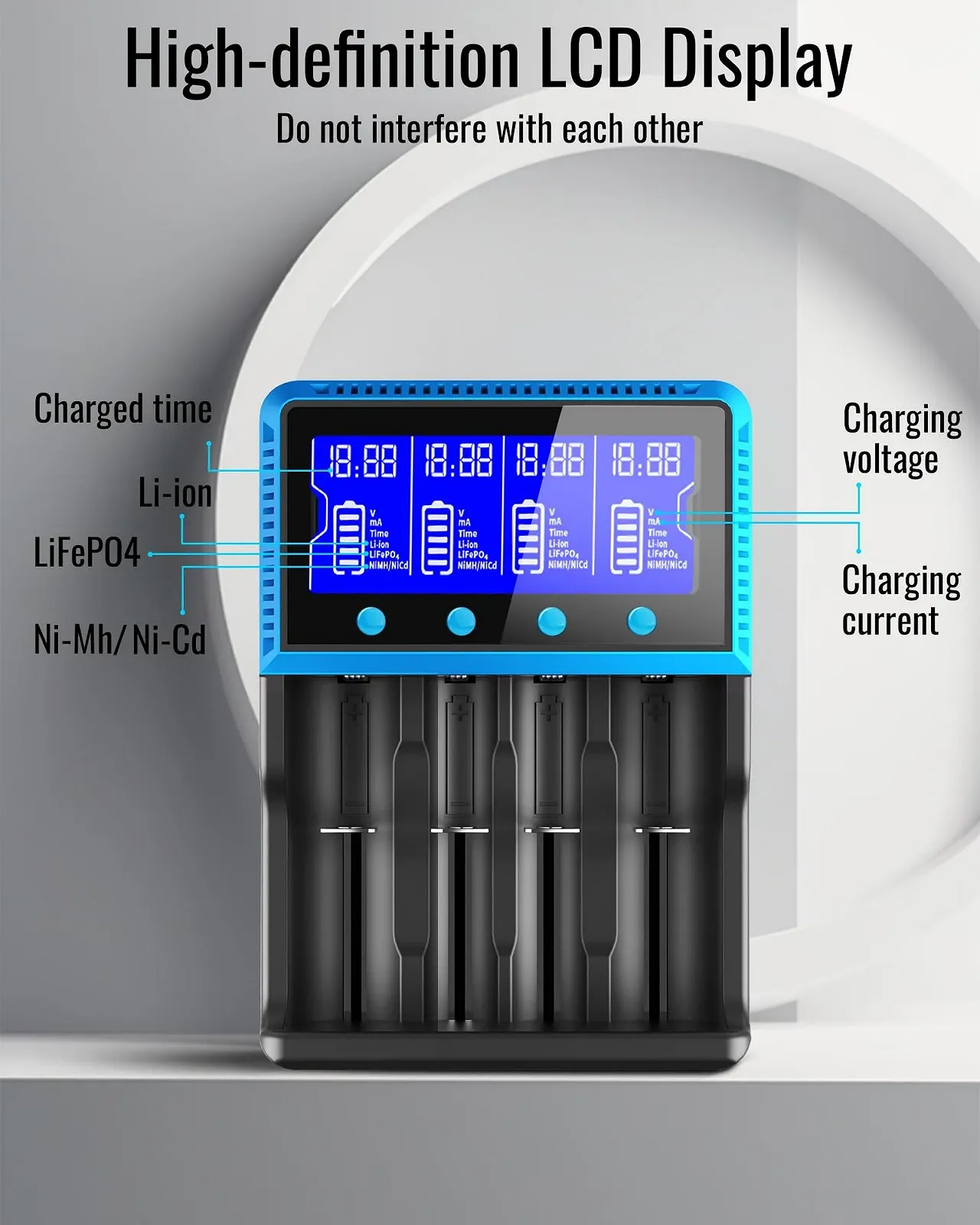 Універсальний зарядний пристрій для акумуляторів 18650 з 4 слотами LCD Smart Fast Charging для NI-MH NI-CD AA AAA Li-Ion LiFePO4 IMR 10440 14500 16340 18650 RCR123 26650, фото №3