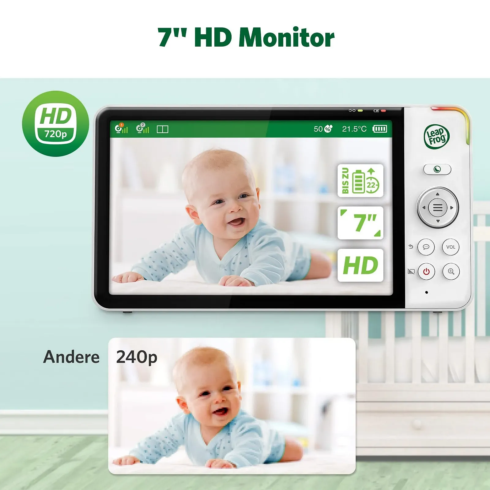 Відеоняня LeapFrog LF920HD 7 дюймів 720p HD Colour Night Vision 360° 8X Zoom, фото №2 Відеоняня LeapFrog LF920HD 7 дюймів 720p HD Colour Night Vision 360° 8X Zoom, фото №2