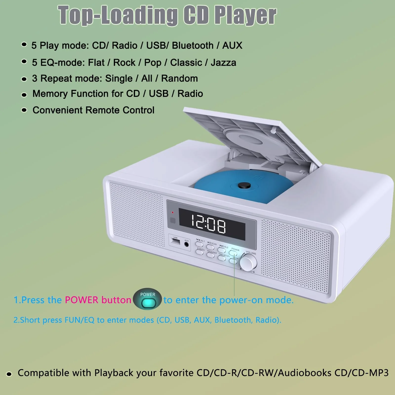 Компактное радио с CD-плеером, FM-радио, с Bluetooth, USB, MP3, AUX, цифровой двойной будильник, воспроизведение CD-R/CD-RW/MP3/WMA, фото №6