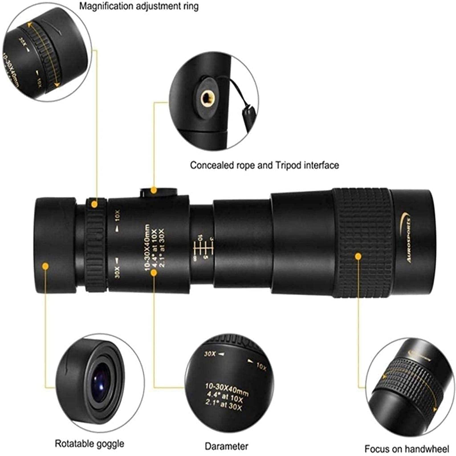 Монокуляр WANWEN Telescopic Monocular Telescope 4K Zoom Monocular Binoculars Карманний телескоп Підтримка смартфона для зйомки 10-30 x 25 + Кліпса для камери + Трикутна підставка Маленький сюрприз, фото №3
