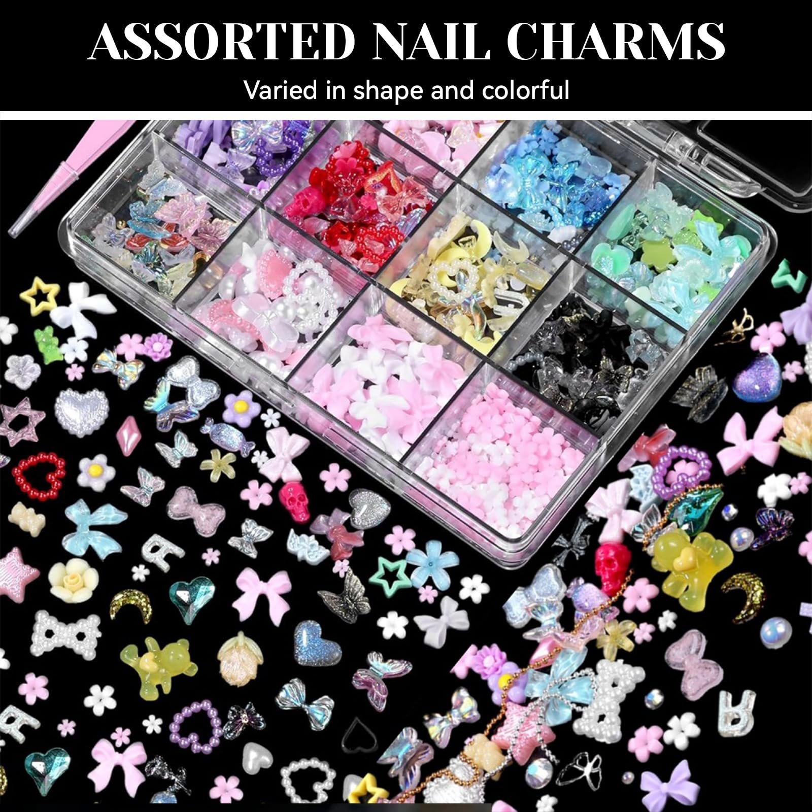 3D Набор украшений для ногтей Цветы Бантики Луна Сердце Звезда Разноцветный, фото №5