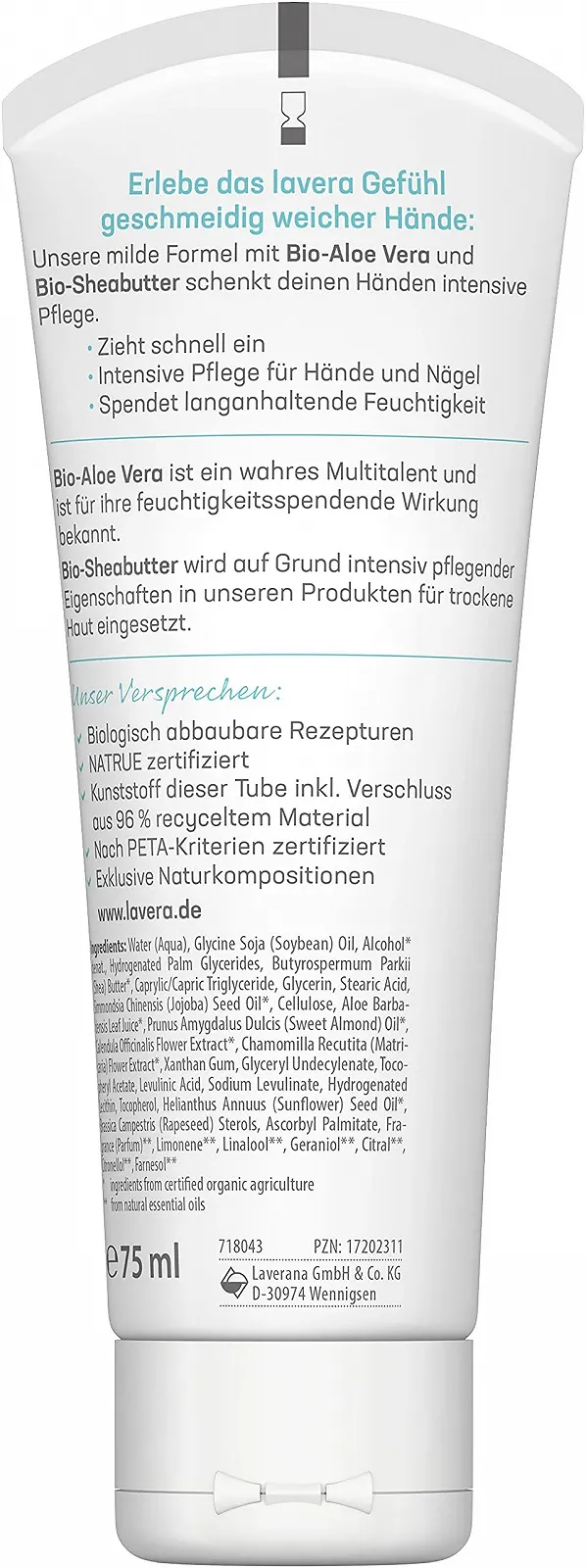 Крем для рук lavera Basis Sensitiv з органічним алое вера та органічною олією ши тривале зволоження (3 x 75 мл), фото №2