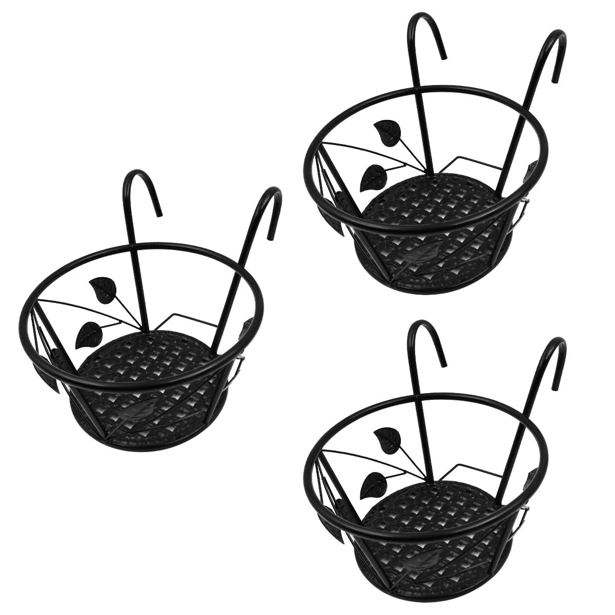 Підвісний тримач для квіткових горщиків Leaf Набір 3 шт. Круглий Для перил Залізний Чорний, фото №1