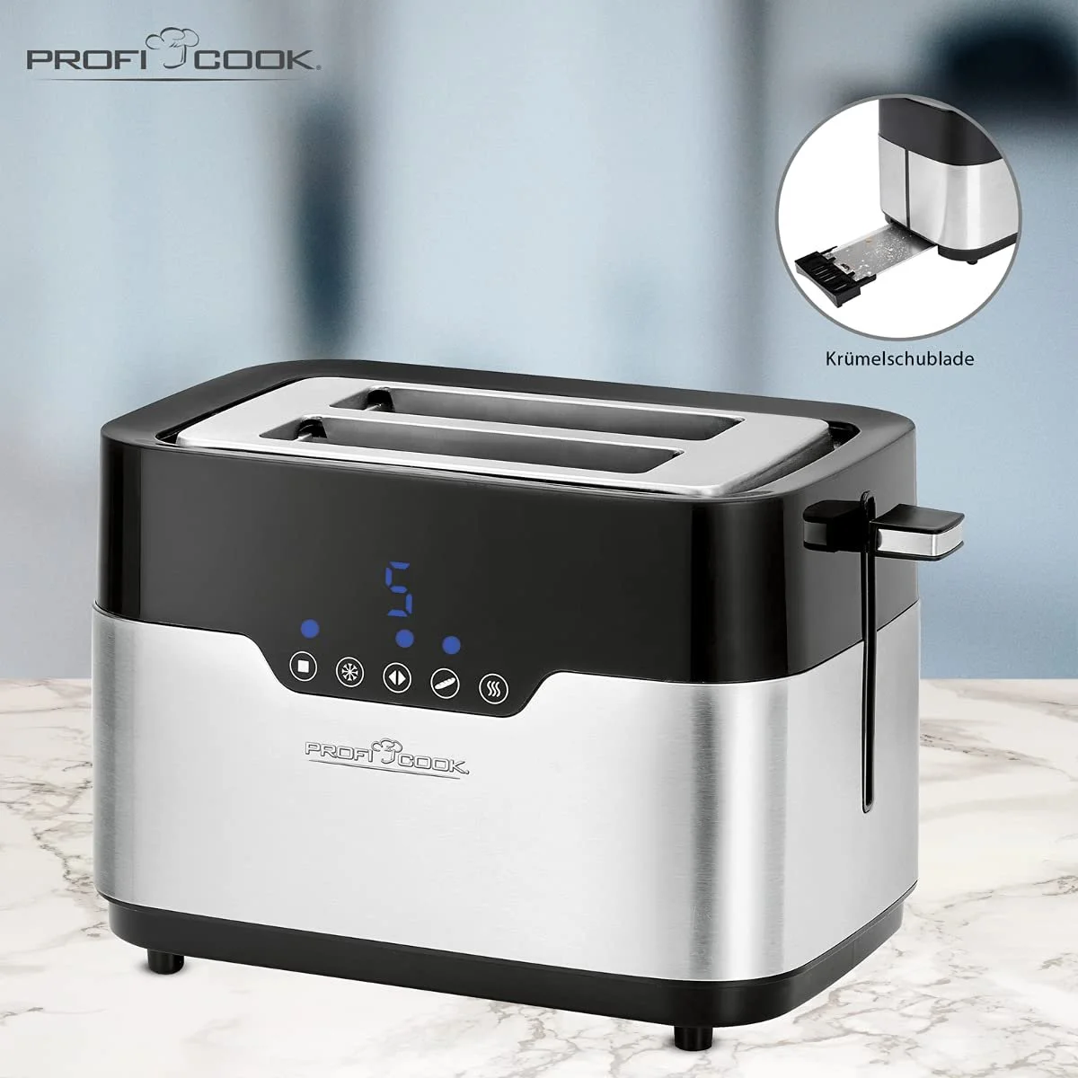 Тостер ProfiCook PC-TA 1170 2 скибочки, сенсорне управління, насадка для булочок, висувний піддон для крихт, функція центрування, 7 ступенів підсмажування, нержавіюча сталь, чорний, фото №7