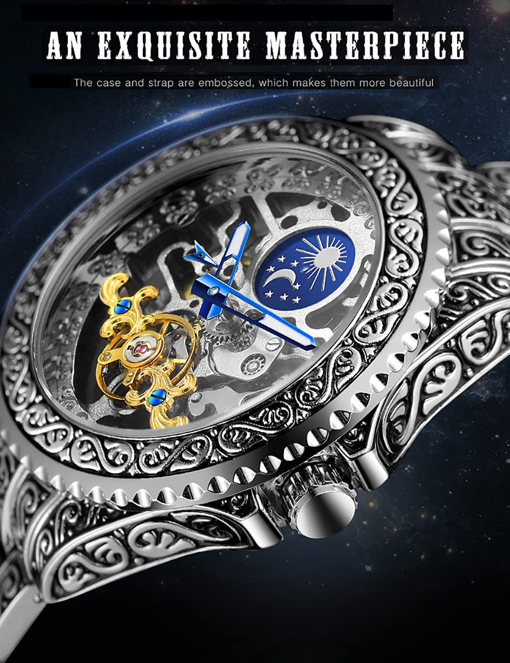 Часы FORSINING Retro Мужские Carved Self Winding Mechanical Tattoo Tourbillon Moon Phase Independent Second Skeleton Automatic Большой Циферблат Серебряный, серебряный, Браслет, фото №5