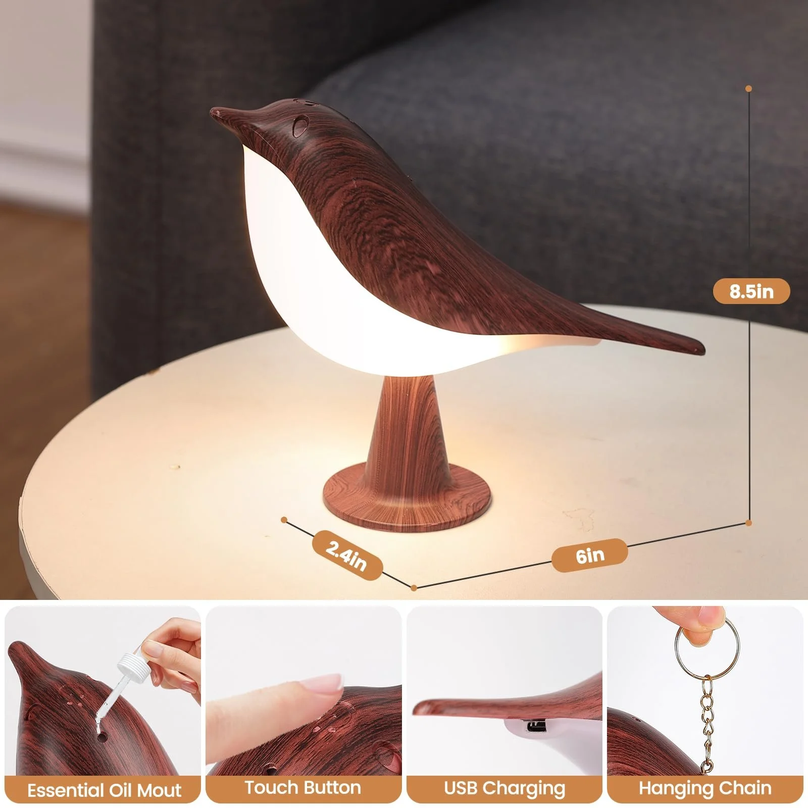 Настільна лампа акумуляторна бездротова сенсорна 3000 K - 6000 K дизайн пташки з аромадифузором набір з 2 шт, фото №6