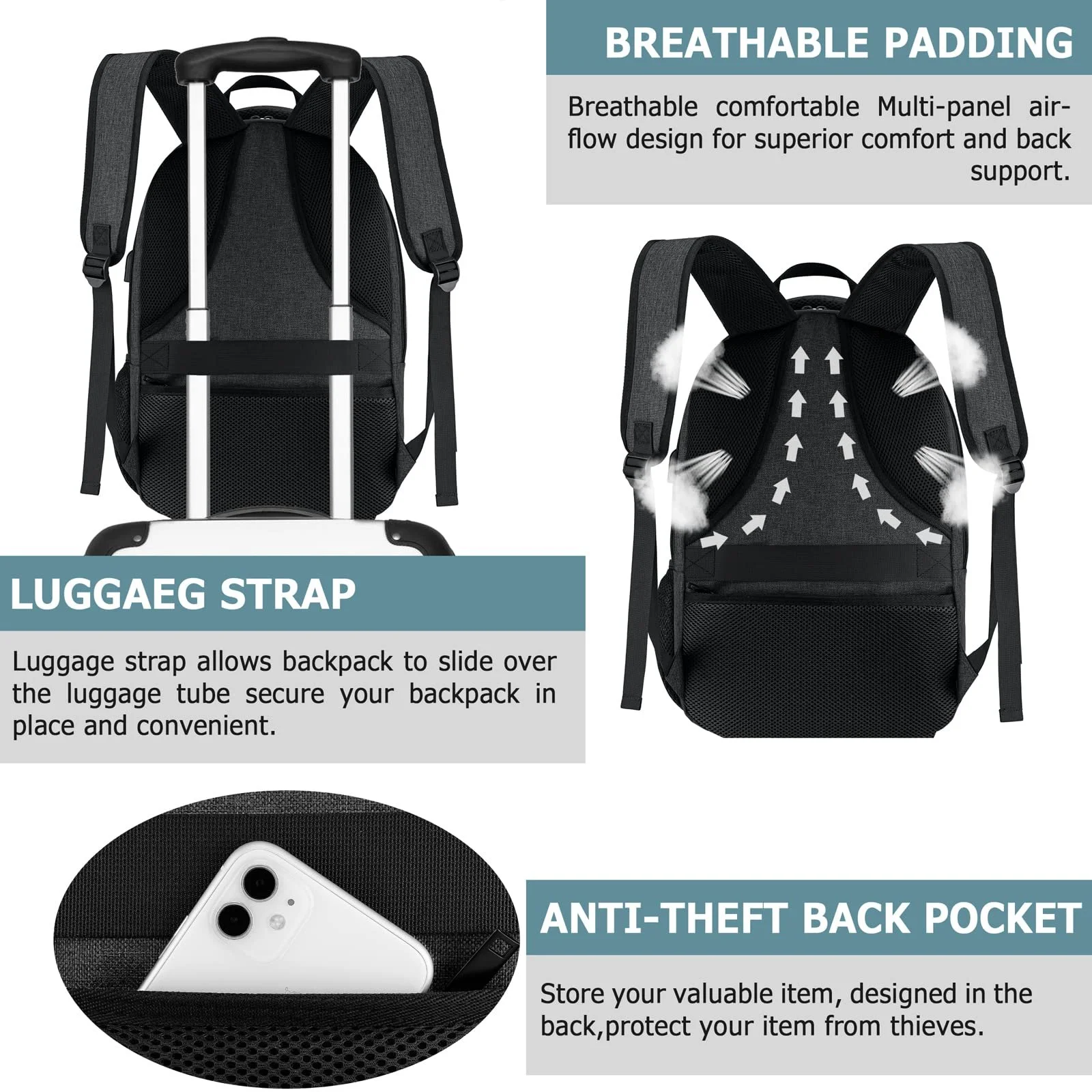 Рюкзак для ноутбука 17.3 Inch Lunch Backpack Waterproof USB Charging Port Черный, фото №6