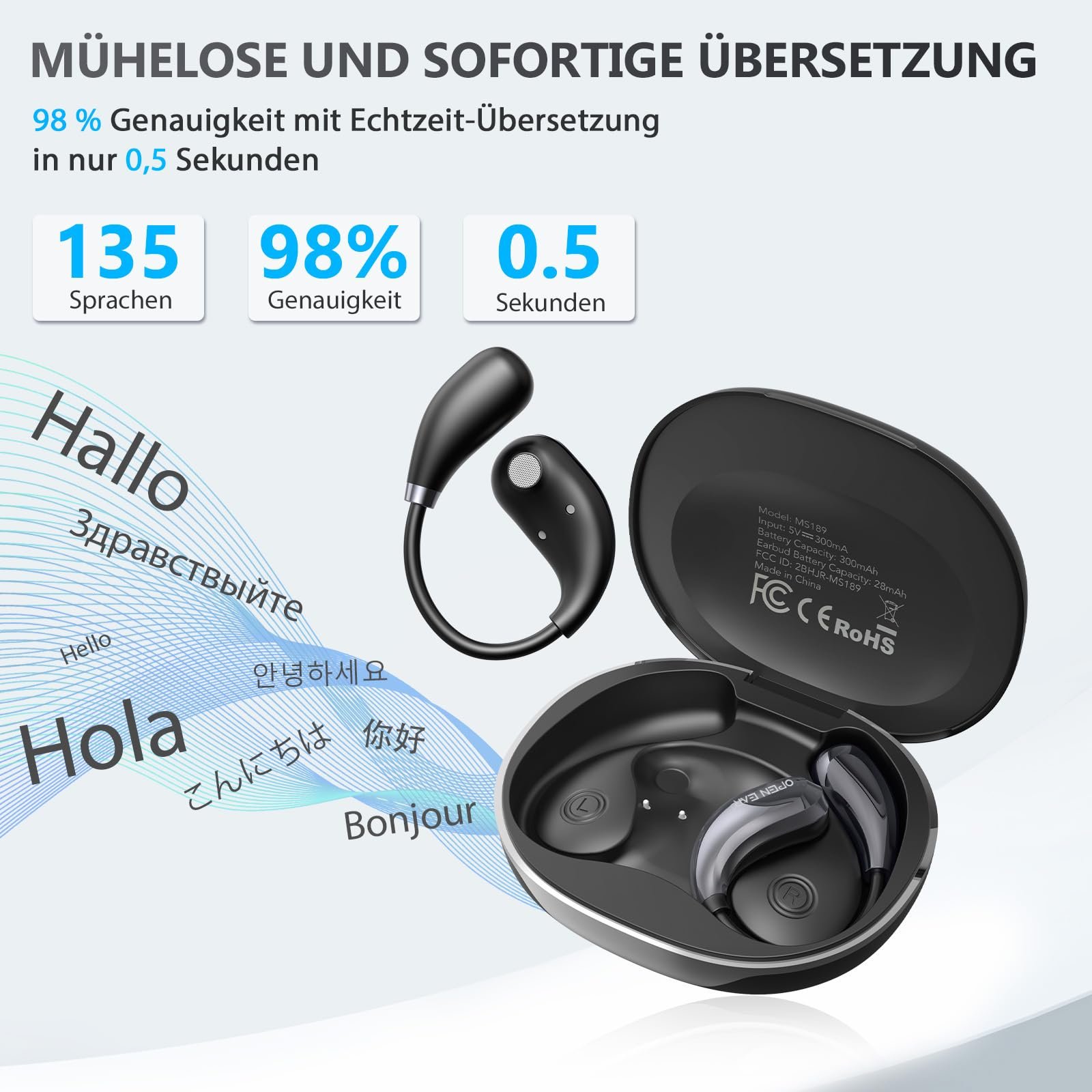 Навушники-перекладачі Ki, 3-в-1, з перекладом у реальному часі, 135 мов, з додатком, 50 годин, фото №3
