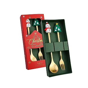 Набір Різдвяних Ложок та Виделок Gold, 2 шт, Нержавіюча Сталь - Фото 1
