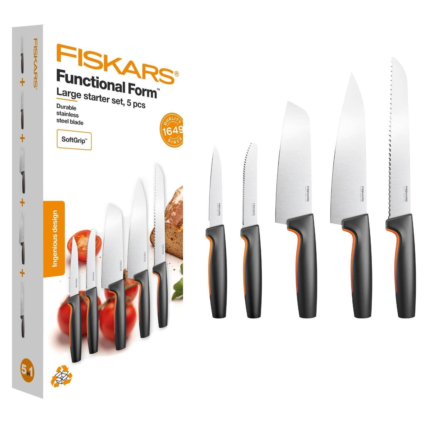 Набір ножів Fiskars Functional Form 5 од. Кухарський ніж, ніж для овочів, ніж для помідорів, ніж Santoku, ніж для хліба, японська нержавіюча сталь/пластик, чорний/помаранчевий, фото №1