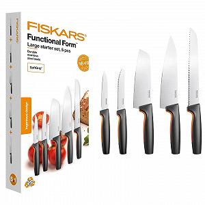 Набір ножів Fiskars Functional Form 5 од. Кухарський ніж, ніж для овочів, ніж для помідорів, ніж Santoku, ніж для хліба, японська нержавіюча сталь/пластик, чорний/помаранчевий - Фото 1