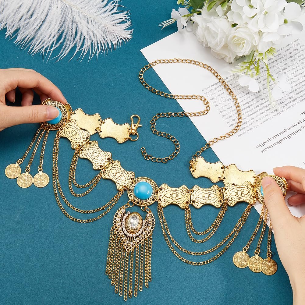 Пояс-цепочка на талию Boho GORGECRAFT Золотистый Многослойный Кисточка Монета Бирюзовый Страз Подвеска Винтажный Богемный Сплав Регулируемый Цепочка для тела Живот Платье Аксессуары для талии, фото №3