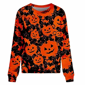 Хэллоуин-свитшот с длинными рукавами, большого размера, с круглым вырезом, с длинными рукавами, с тыквенным принтом, свободный топ, милый мешковатый свитшот - Фото 1