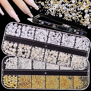 Бусины для ногтей Flackback 2 коробки, золотые серебряные икорные стразы, белые бежевые микробусины с ручкой и пинцетом - Фото 1