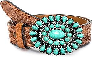 Ремень Женский CaySep Western Turquoise, рельефная PU кожа, ковбойский стиль, аппликации, для джинсов, брюк, платьев, для родео и кантри концертов - Фото 1
