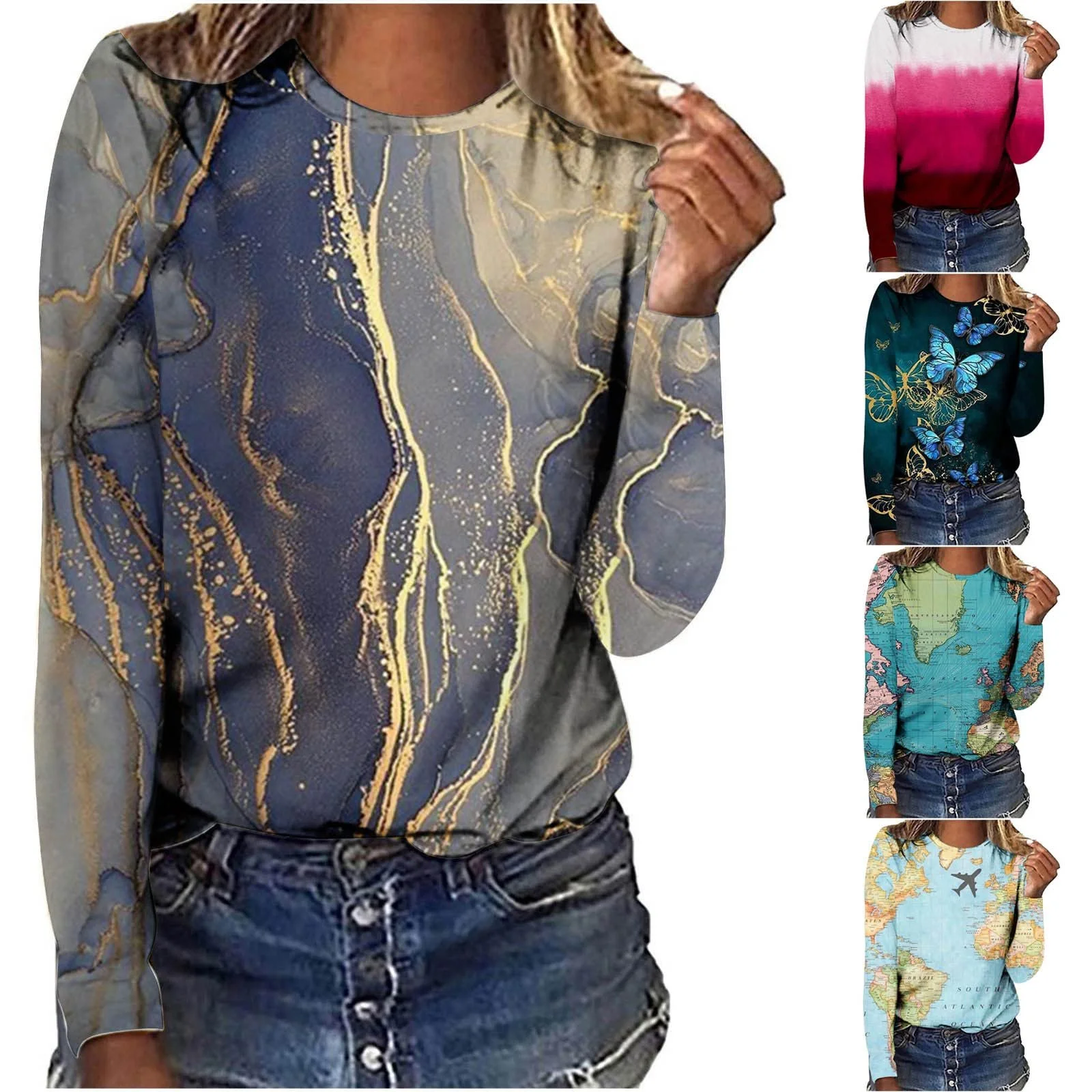 Женский Свитшот LNNGNIA Пуловер с круглым вырезом, 3D-принт, Длинный рукав, Зимний, Легкий, Топ, Модный, Повседневный, Без капюшона, фото №2