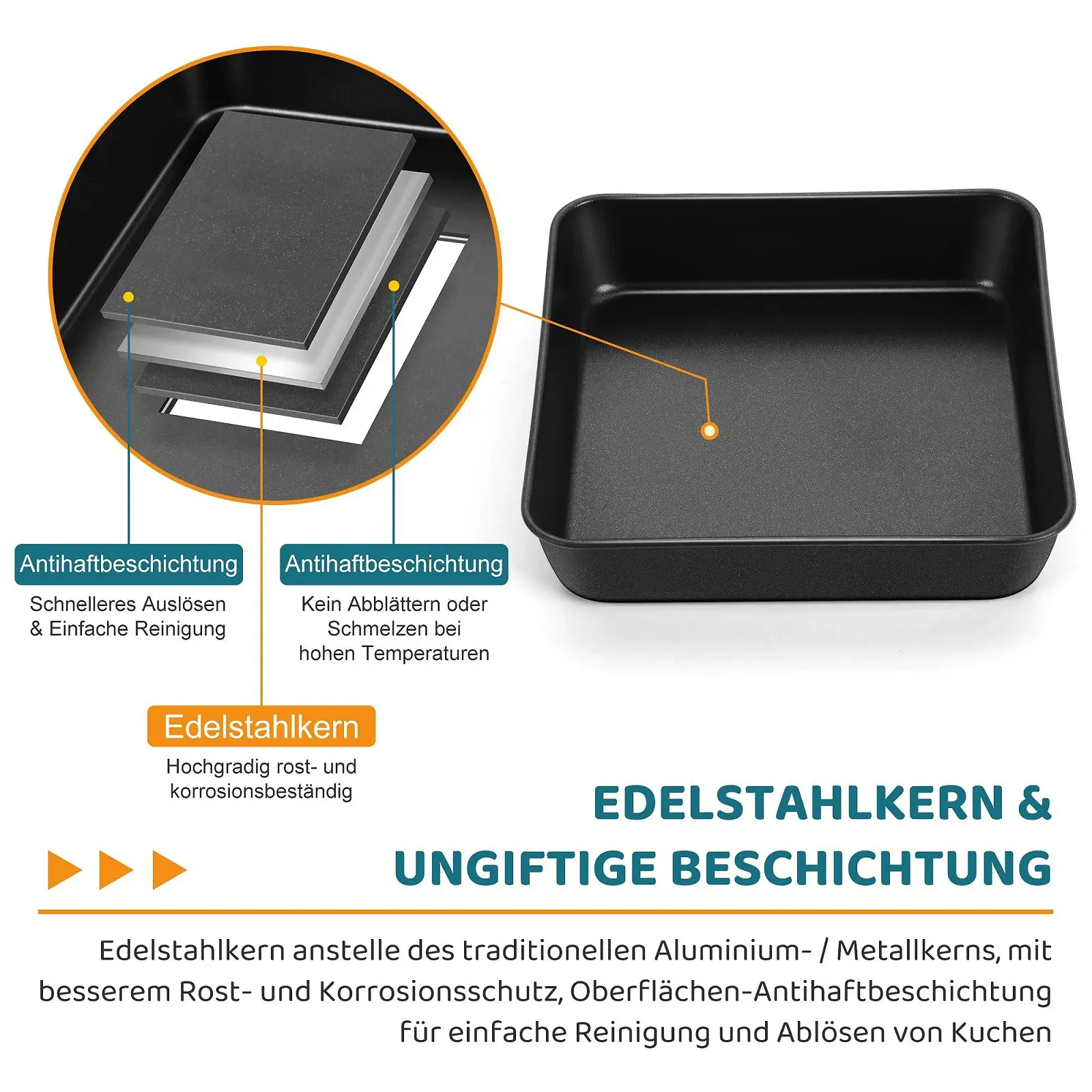 Форма для випікання HaWare Квадратна з кришкою нержавіюча сталь антипригарна 21 x 21 x 5 cm чорна, фото №3