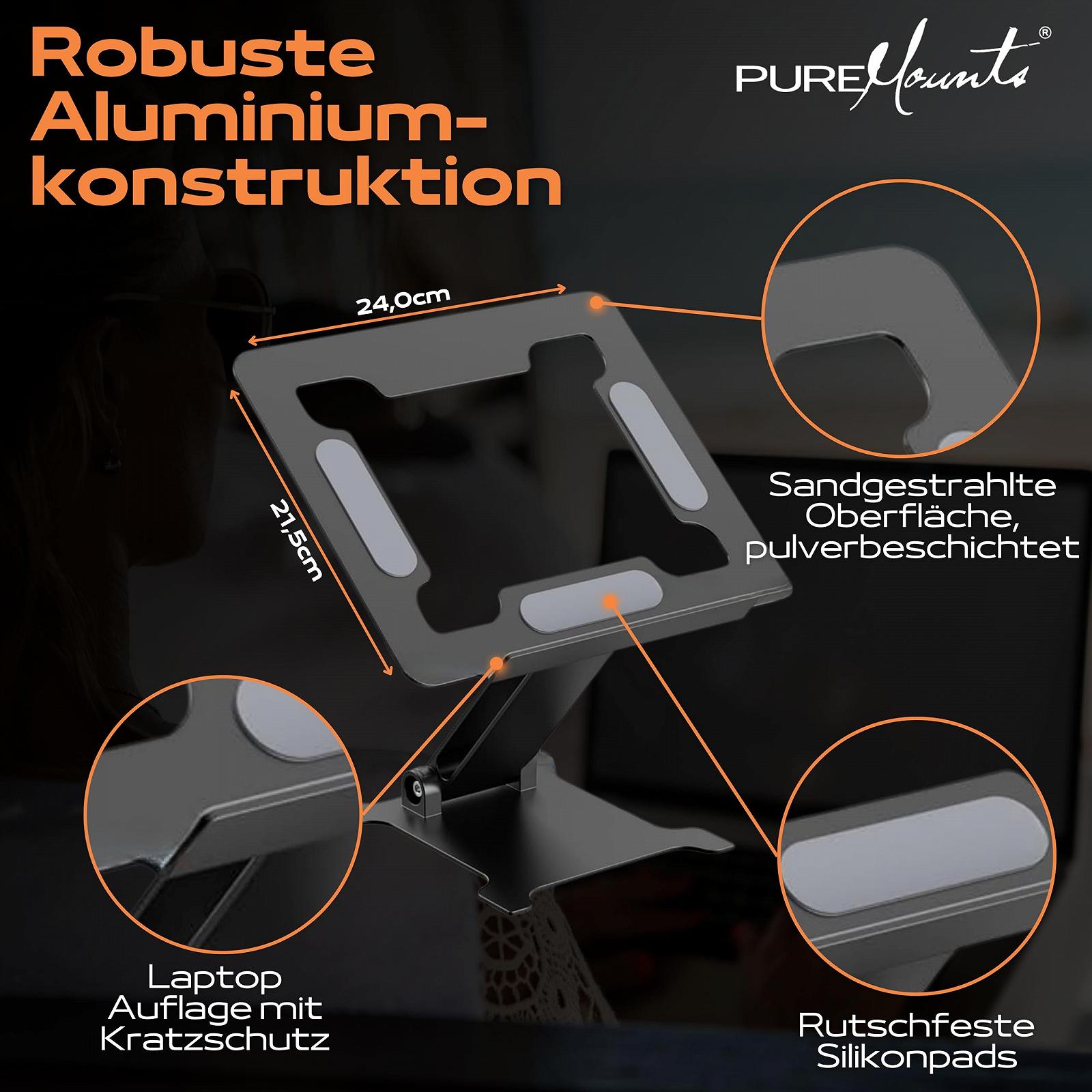 Підставка для ноутбука PureMounts, регульована по висоті, складана та ергономічна, плавно регульована алюмінієва, фото №7