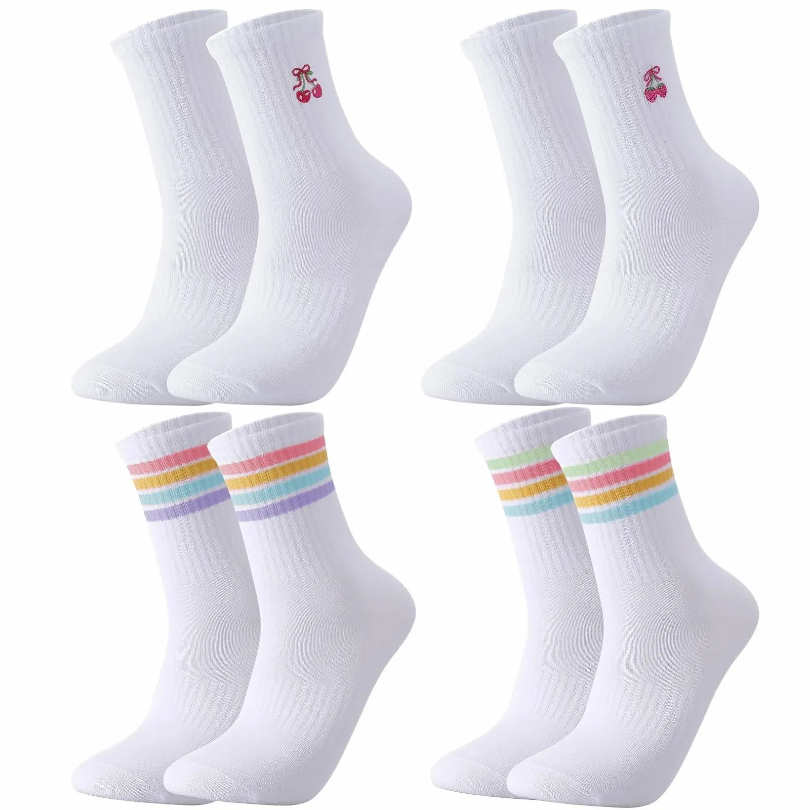 Теннисные носки Белый цвет, 4 пары, размер 38-42, с полосками и рисунками клубники и вишни, фото №1