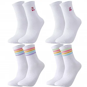 Теннисные носки Белый цвет, 4 пары, размер 38-42, с полосками и рисунками клубники и вишни - Фото 1