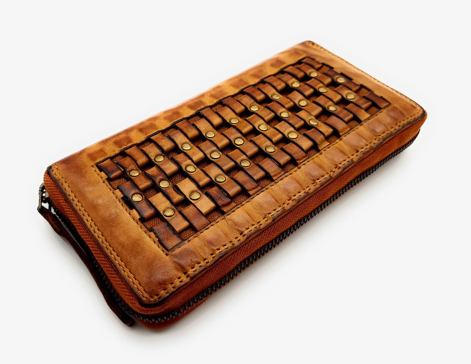 Кошелек Женский из Натуральной Кожи Wash Кожа с Заклепками Braided Look RFID Защита Cognac Contemporary, фото №3