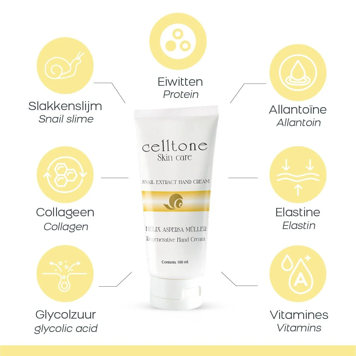 Крем для рук Celltone 100 мл Увлажняющий крем со слизью улитки, аллантоином и гликолевой кислотой Для сухой кожи рук Питает, регенерирует, питает и делает кожу гладкой, фото №1